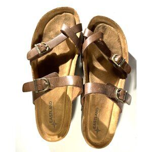 Eastland Womens Brown Faux Leather Double Strap Sandals With Buckle Detail